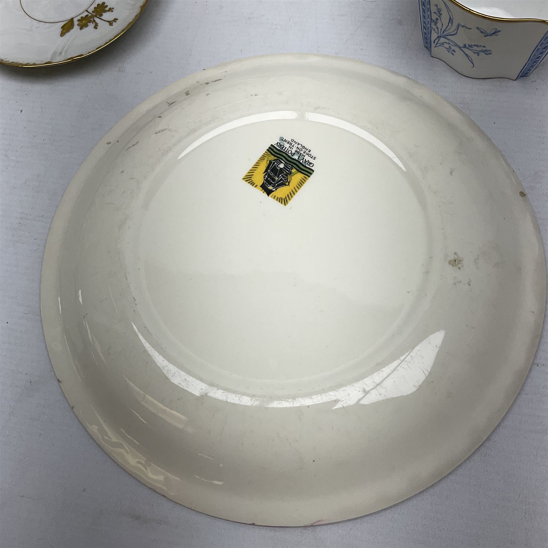 Collection of Victorian and later ceramics to include Gray's Pottery Sunderland lustre York Minister plate, Limoges M. Bishop tea service for one, ornately decorated with gilt foliate sprays on plain white ground, no 2350, Wedgwood no y2715 blue and white sucrier and jug, Chinese blue and white dish with gilt banding,