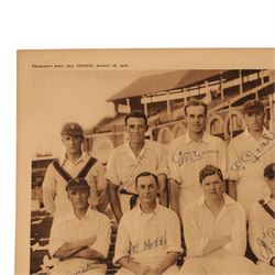 1920s All Sports Illustrated magazine page, depicting the 1926 Ashes winning England cricket team, signed by seven players including Maurice Tate, Greville Stevens, George Geary, Herbert Sutcliffe, Herbert Strudwick, Jack Hobbs and Wilfred Rhodes, mounted on card