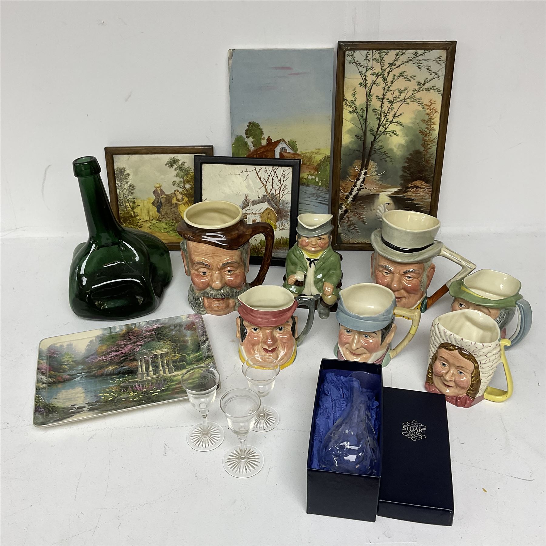 Dimpled green glass bottle, together with painted tiles, a collection of character jugs etc 