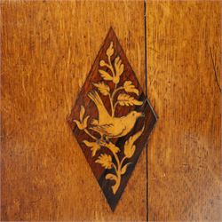 19th century clock trunk cupboard, veneered front with cantered corners, stepped plinth base