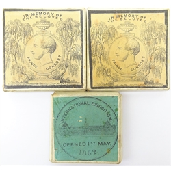  Three commemorative medals by Ottley, Birmingham one commemorating the opening of the 1862 International Exhibition 'The International Exhibition of 1862' and two commemorating the death of Prince Albert 'In Memory of His Obsequies at Windsor, Decem 1861', all in original boxes  