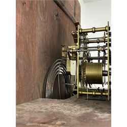 John Stonehouse of Leeds - mahogany 8-day longcase clock with a painted oval dial c1830, hood with a swans necked pediment and profuse contrasting inlay to both the hood and case, oval hood door with flanking pilasters and Corinthian capitals, conforming case with canted corners and short triple spire door, broad plinth with matching inlay and canted corners on shallow base, dial depicting masonic regalia, symbols, and pictorial depictions of the humanities, faith, hope, charity and righteousness, black chapter with white roman Arabic’s, date recorder and matching “crown” hands, dial pinned to a rack striking movement with a recoil anchor escapement, striking the hours on a coiled underslung gong. With weights and gridiron pendulum. 
This clock case is of large, impressive dimensions and was almost certainly commissioned for a large masonic lodge in Leeds, a rare and unique example.