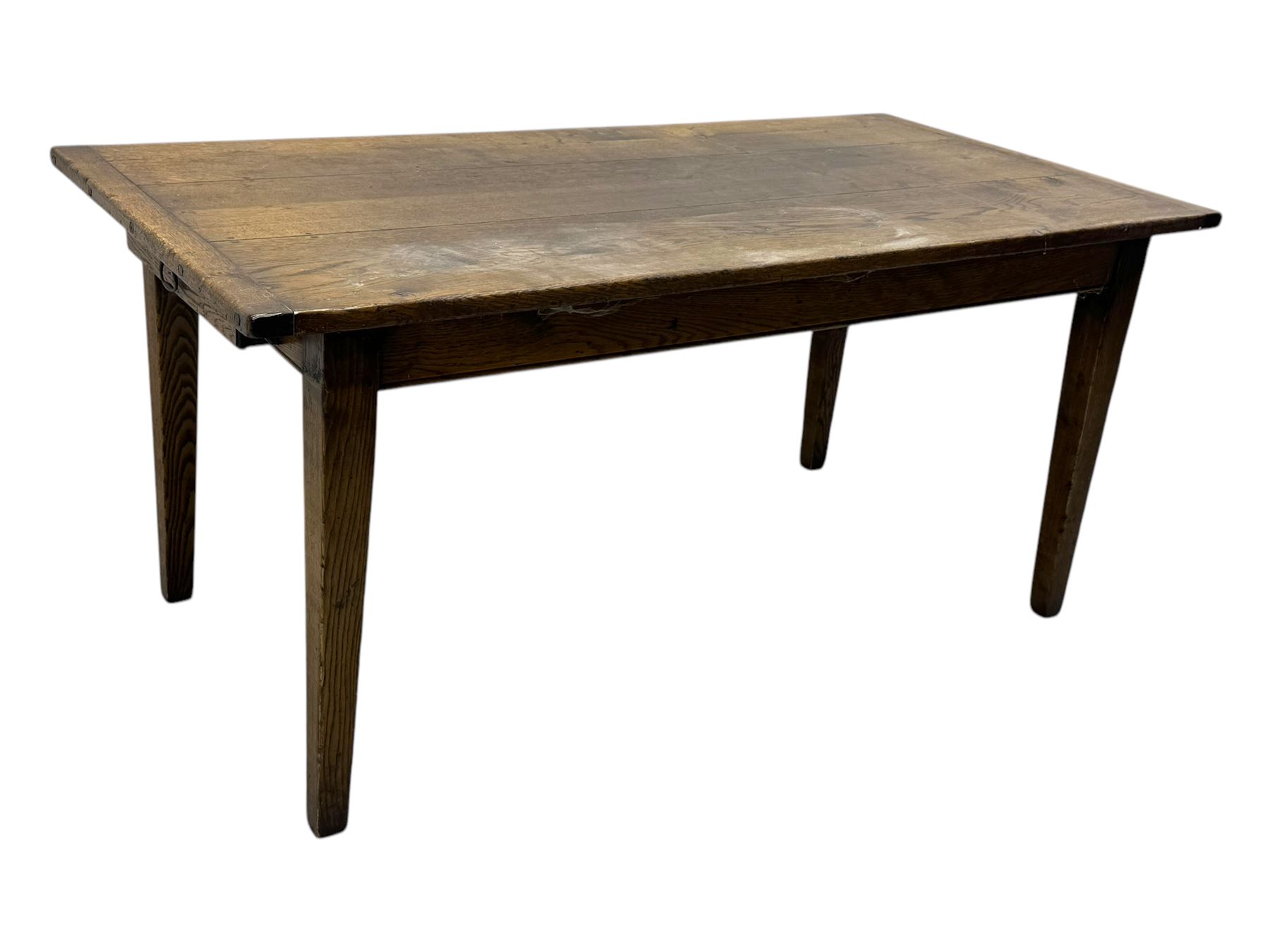 Late 20th century oak farmhouse table, rectangular plank top with breadboard ends and frieze drawer, on square tapered supports