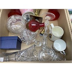 Newhall Boumier Ware vase, two Maling lustre bowlsmParagon George V commemorative cup, collection of ceramics and coloured and cut glassware, etc, in three boxes