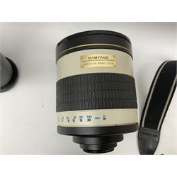 Three Olympus Camera bodies, comprising of OM-D E-M5, E-400 and E-450,   together with 'Samyang Mirror Lens 800mm 1:8.0DX', Olympus 'Zuiko Digital 40-150mm 1;3.5-4.5mm' lens, three other lenses and Velbon CX444 tripod 