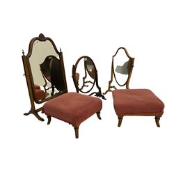 Victorian style mahogany dressing table mirror, the frame with carved anthemion pediment (W44cm), Regency style oval dressing table mirror, shield shaped dressing table mirror, and a pair of upholstered footstool with splayed feet