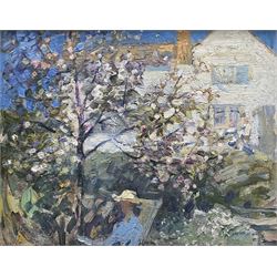 Mark Senior (Staithes Group 1864-1927): 'Blossom' - Lady in a Runswick Bay Garden, oil on panel, signed titled and inscribed 'To Mrs J Hepworth June 1919' verso 20cm x 26cm