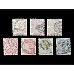 Great Britain Queen Victoria 1883-4 stamps, comprising three two shillings and sixpence, two five shillings and two ten shillings, all used, all previously mounted