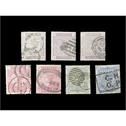  Great Britain Queen Victoria 1883-4 stamps, comprising three two shillings and sixpence, two five shillings and two ten shillings, all used, all previously mounted