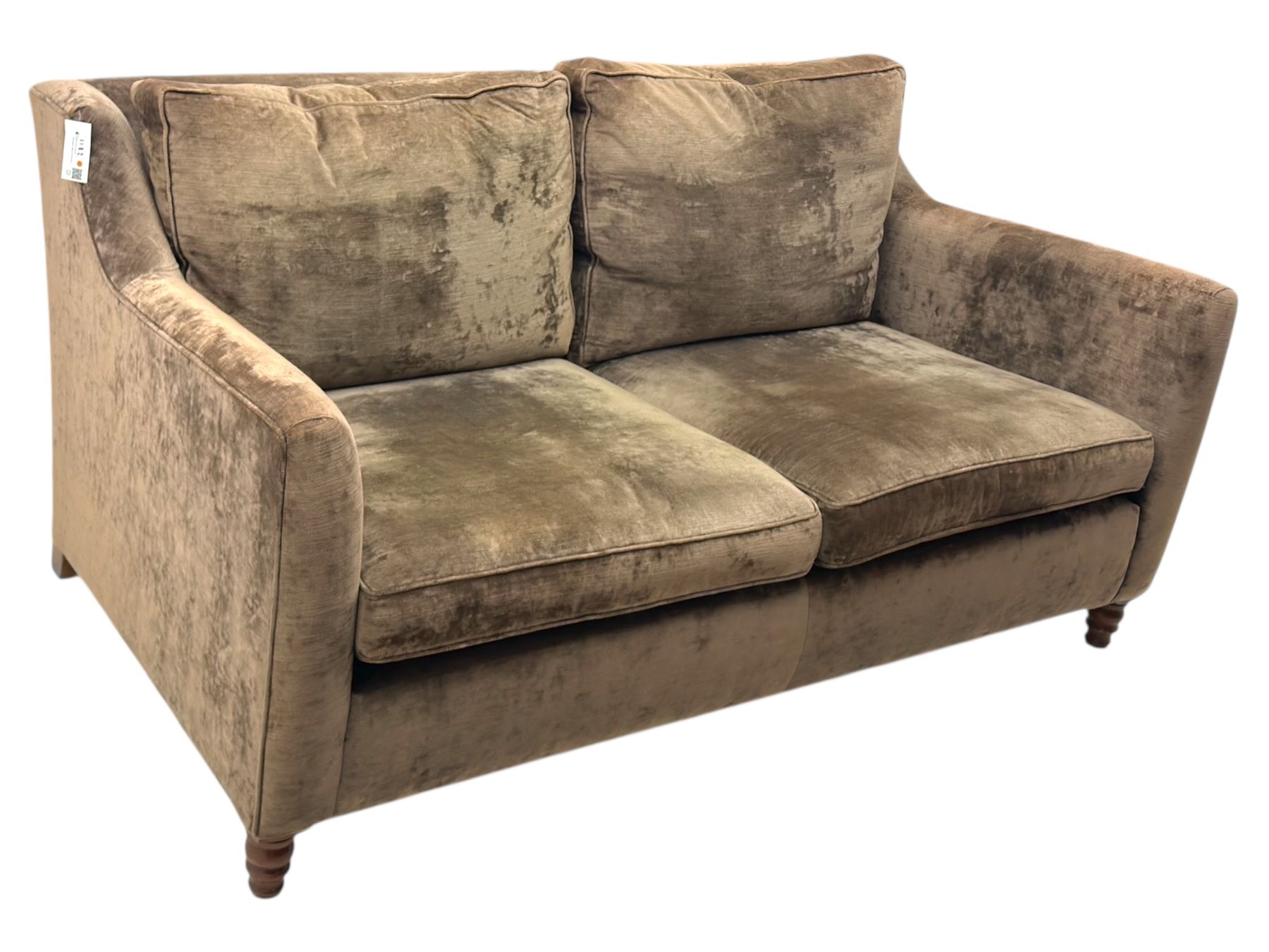 Duresta - three piece 'Finsbury' lounge suite comprising one three-seat sofa, a two-seat sofa and armchair, upholstered in mink coloured velvet, with box seat cushions and deep seat over tapered arms on short stained bun feet (Three seat H 80cm, W 207cm, D105cm, two seat H80cm, W168cm, D105cm, armchair H80cm, W89cm, D105cm)    