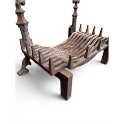 Victorian design cast iron fire grate with fire dogs, final over floral moulding and trefoil base