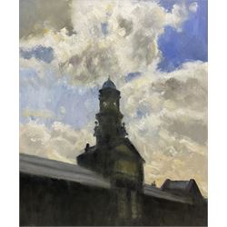 Neil Tyler (British 1945-): 'Station Clock Tower - Scarborough', oil on board signed, titled verso 59cm x 49cm