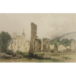  'Byland Abbey, Yorkshire', 'The Bar & Bar-Church Scarborough', 'The Museum and New Bridge, Scarborough', 'Entrance of the Temple of Amun, Thebes' and one other, five 19th century lithographs/engravings max 37cm x 51cm two unframed, mounted (5)  