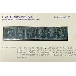 Great Britain Queen Victoria 1841 two pence blue strip of six, used, housed on a dealer card