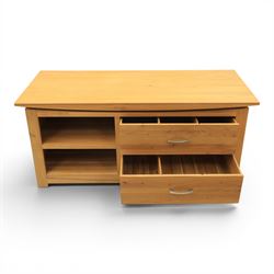 Contemporary light oak television or media unit, two drawers and two open shelves, with apertures for wires