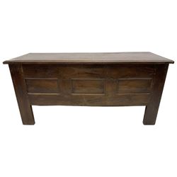 Large 18th century oak coffer or chest, rectangular hinged top with moulded edge, over panelled sides with moulded rails, raised on stile supports