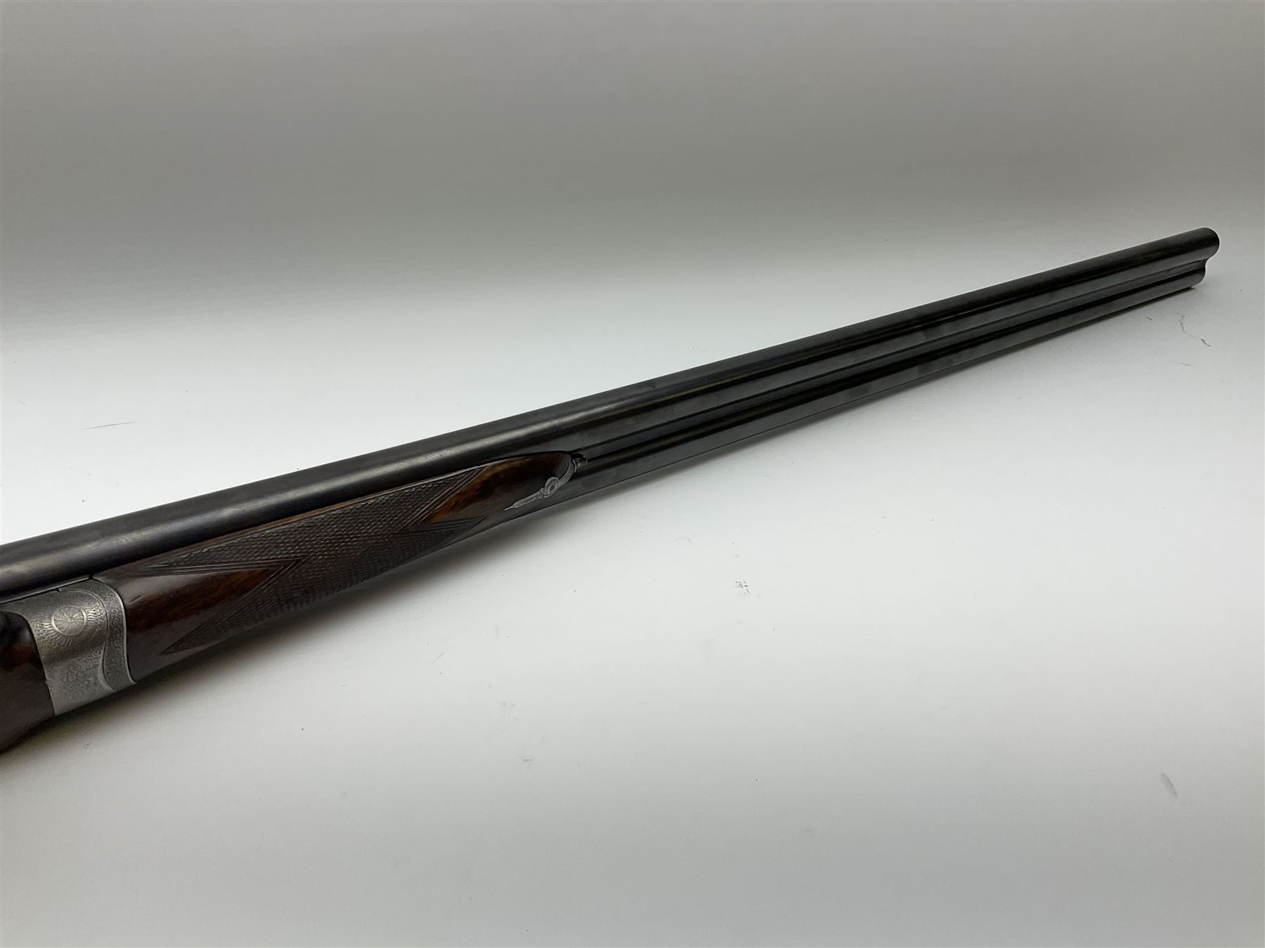 19th century Purdey 12-bore side-by-side double barrel black powder hammer gun, 76cm cylinder bored un-choked barrels with 2.5