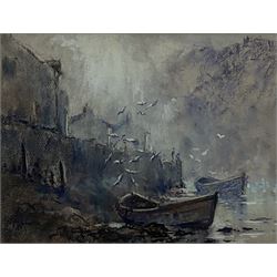 Robert Leslie Howey (British 1900-1981): Cobles at Staithes, mixed media signed 23cm x 30cm 