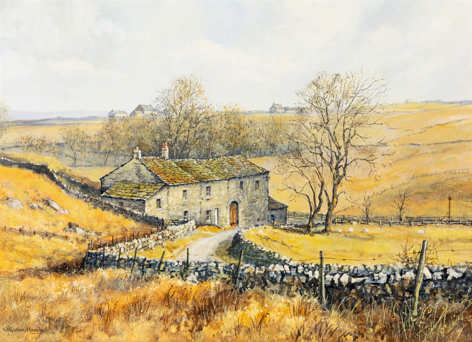 Stephen Maude (British 1919-): 'Greenhow Farmstead - North Yorkshire', acrylic on canvas laid on to board signed, titled and dated 1984 verso 39cm x 55cm