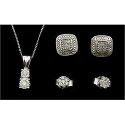 White gold two stone diamond pendant necklace and two pairs of diamond cluster stud earrings, all 9ct stamped