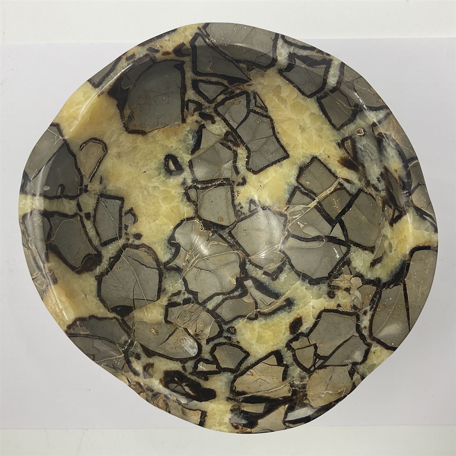 Polished septarian bowl, with a calcite and siderite within limestone rock, D16cm H8cm
