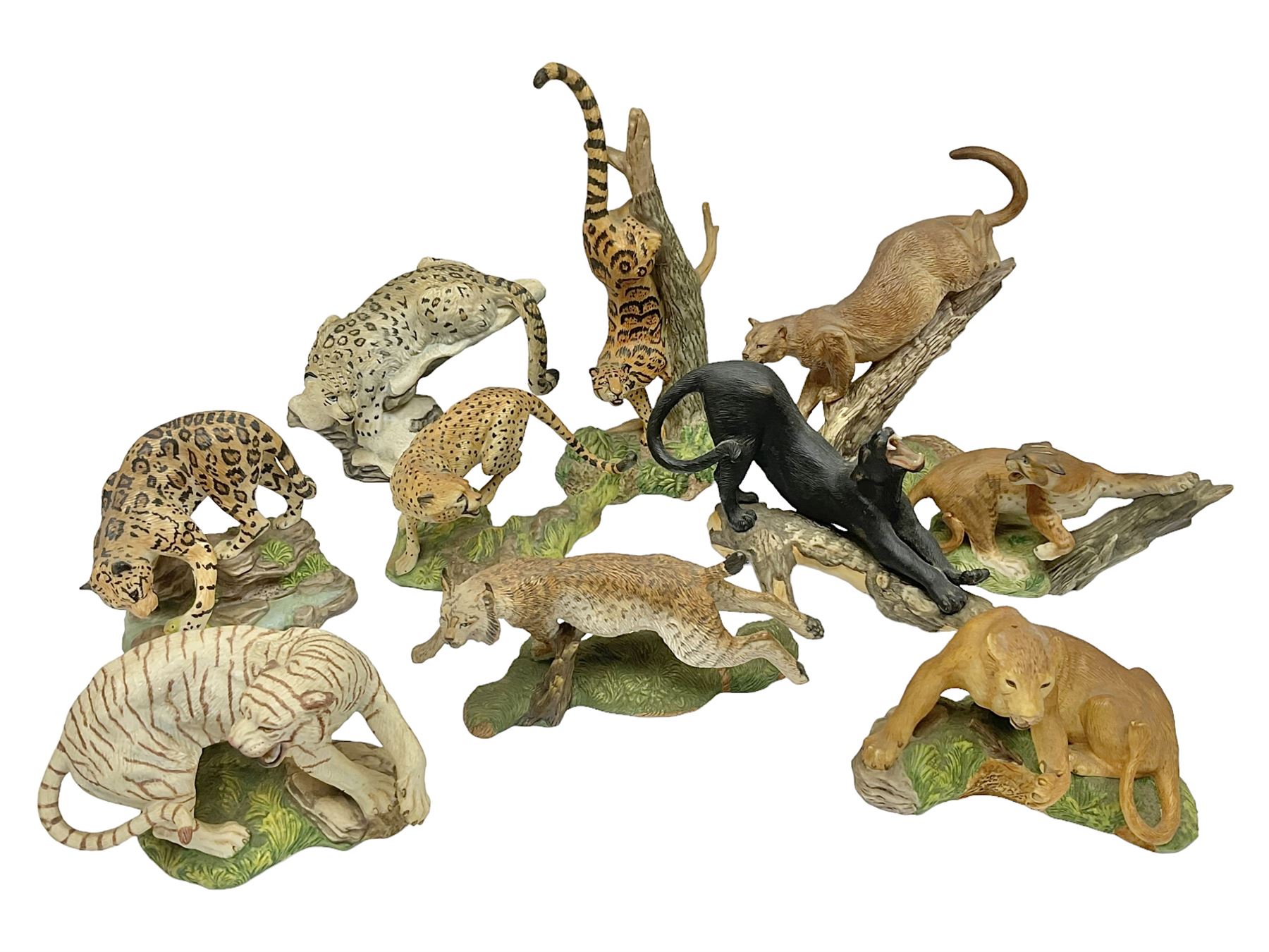 Ten Franklin Mint National wildlife Foundation Big Cats of the World figures to include, White Bengal Tiger, Jaguar, Cougar, Cheetah, Clouded Leopard etc, with display stand