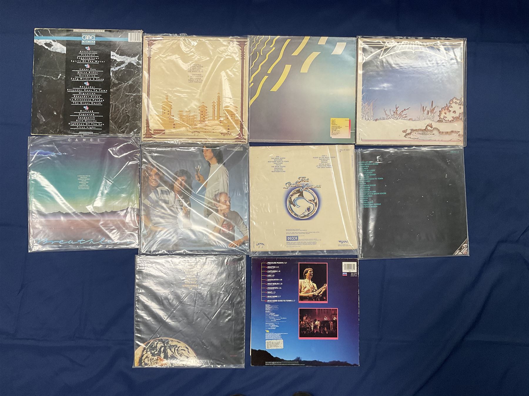 Camel vinyl LPs including 'Moonmadness', 'Mirage', 'Rain Dances', 'I Can See Your House From Here', 'Breathless', 'Nude' etc (10)