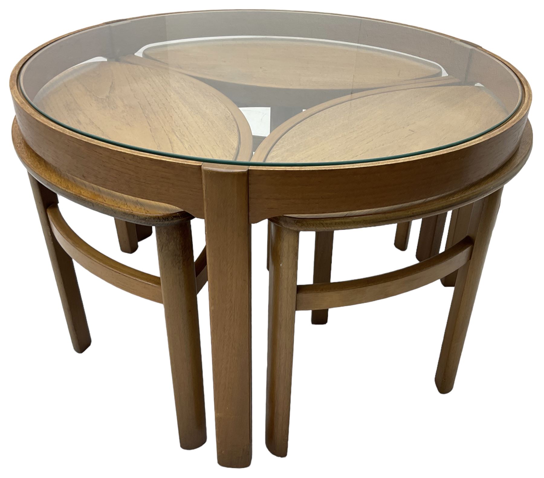 Mid20th century teak nest of tables, circular coffee table with inset