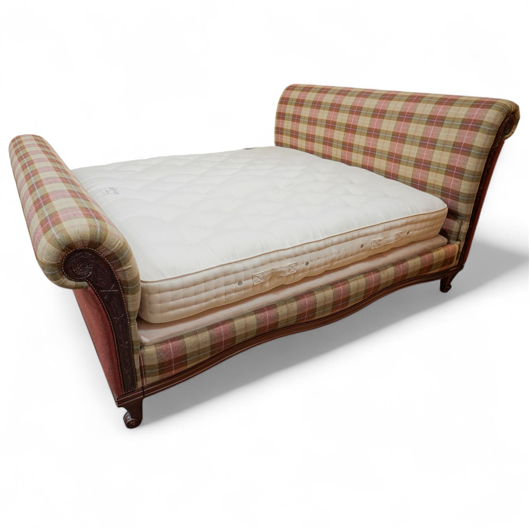 And So To Bed - Bonaparte Emperor 7' upholstered and classic Victorian design wood framed, upholstered in chequered pattern fabric with scroll-shaped headboard and footboard, upholstered side rails, with a faux suede divan together with a fitted Vispring Kingsbridge mattress, supported on cabriole legs 