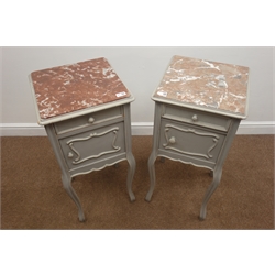  Pair late 19th century painted bedside lamp tables, marble top, single drawer, marble lined cupboard, cabriole legs, W37cm, H83cm, D37cm  