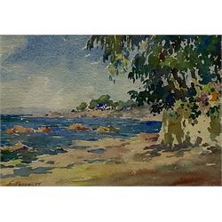 F Pascalet (French 20th century): Sunny Bay Scene, watercolour signed together with English School (20th century): Dog Walk, watercolour signed PD dated '91 max 18cm x 26cm (2)