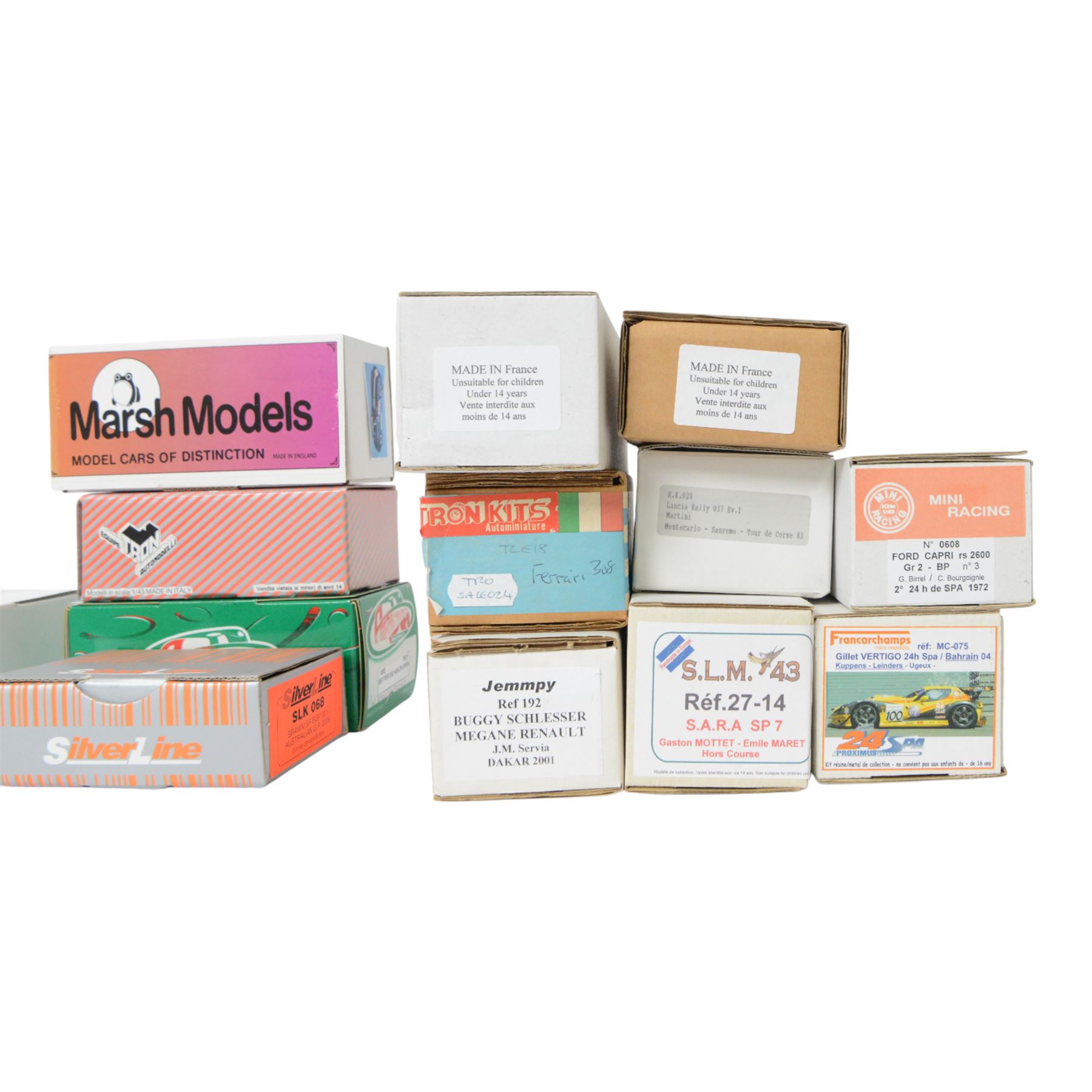 Sixteen resin and white metal model car kits, including Marsh Models Crosal Cheetah, Tron Kits Ferrari 308, Jemmpy Buggy Schelesser Megane Renault, Arena Models Fiat Service Van, Francorchamps Renault Megane Silhouette, Midlantic Models Maserati Birdcage, MEA Kit Dessert Warrior, etc, all boxed