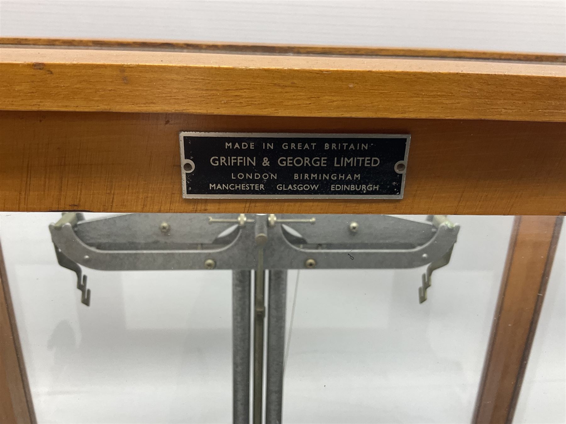 Griffin & George set of laboratory scales in fully glazed hardwood cabinet with rise-and-fall front door L44.5cm H40cm; with beech box of brass weights by Philip Harris & Co Ltd