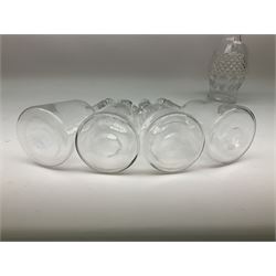 Waterford Crystal Coleen pattern cut glass decanter, together with a set of four plain mallet shaped decanters, and a further decanter of flask form, (6)