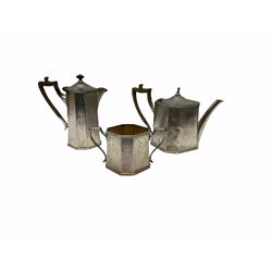 Group of silver plate and pewter, largely comprising tea wares, to include silver plated caddy, of tapering rectangular form, the front with Aesthetic movement style panel depicting birds, upon four bun feet, teapots of various form, a number with planished/hammered decoration, twin handled sucrier, cream jug, pair of planished pewter sifters, etc. 