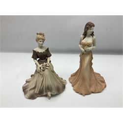 Eight Coalport figures of ladies, comprising five Age of Elegance examples to include Richmond Park, Summer Saunter and Touch of Spring, together with Beau Monde Isobel 1998, Valentine Debutante Eternity and Devotion