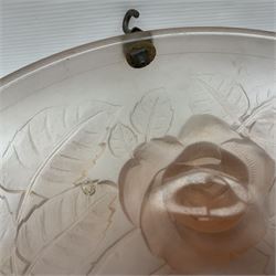 1930s pink frosted glass ceiling light shade, decorated with roses, D