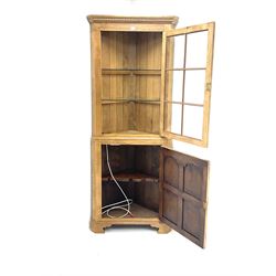 Oak corner cabinet, projecting cornice, dentil frieze, single glazed door enclosing two glass shelves above bottom unit, single fielded door enclosing fitted interior 