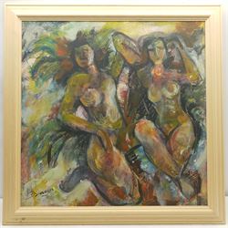 Francis Perera (Sri Lankan 1931-): 'Women at the Pool', oil on canvas signed, titled verso 68cm x 68cm
Notes: Perera a noted Sri Lankan artist has had many solo exhibitions both in his home country and overseas. He is a six time winner of the Presidential Award, represented Sri Lanka in Washington DC to commemorate the 50th anniversary of its independence, exhibited at the Royal Commonwealth Society in 2002, and at the 20th International Art Festival in Germany.