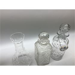 Group of clear glass decanters, to include a Stuart example etched with pheasants, one decanter with ceramic wine label titled 'Scotch', and a cut glass carafe, in one box 