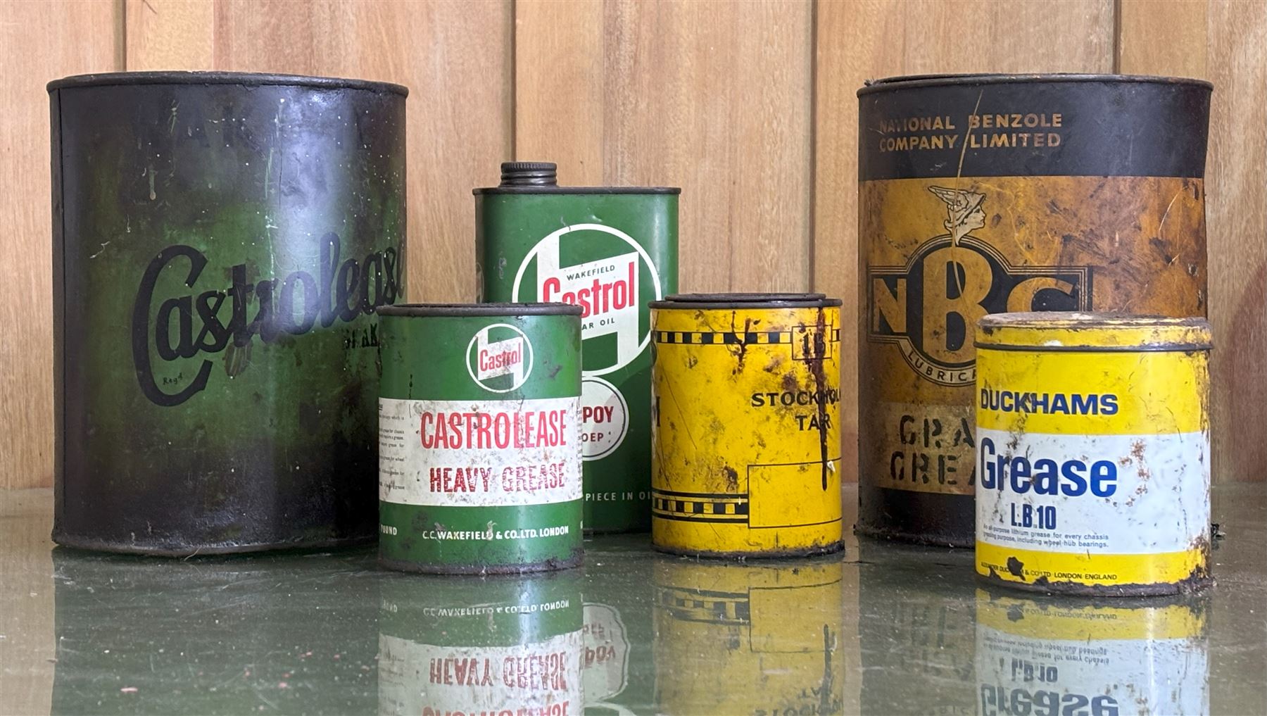 Petrolania - vintage Castrol 7lb grease tin, two other Castrol tins, a N.B.C (National Benzole company) crap grease tin, and two other tins (6) - COLLECTION BY APPOINTMENT FROM: The White House, Thirsk Road, Easingwold, York, YO61 3NF - CALL 01723 507111 TO ARRANGE
