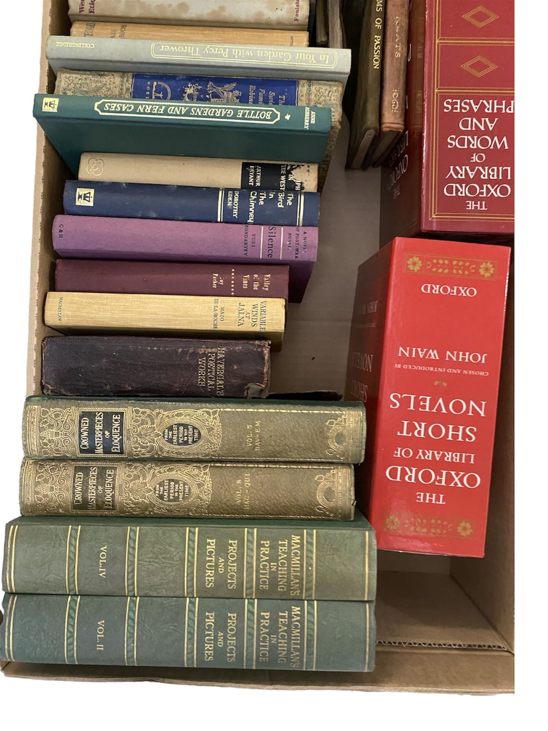 Large collection books, to include Dickens novels, Punch Humour, British Encyclopaedia volumes and six volumes of Crowned Masterpieces of Eloquence, etc, in four boxes 