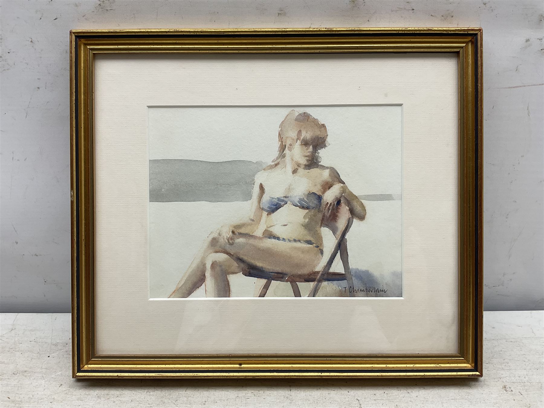 Trevor Chamberlain ROI RSMA (British 1933-): 'The Striped Bikini', watercolour signed, titled with artist's studio label verso 16cm x 21cm