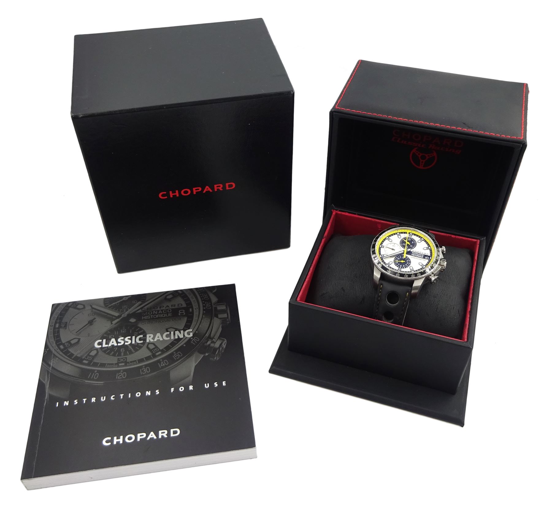 Chopard Grand Prix de Monaco Historique gentleman's stainless steel and titanium automatic chronograph wristwatch, Ref. 8570, on original black leather strap, with fold-over clasp, boxed with original receipt dated 2014 and service receipt dated 2022