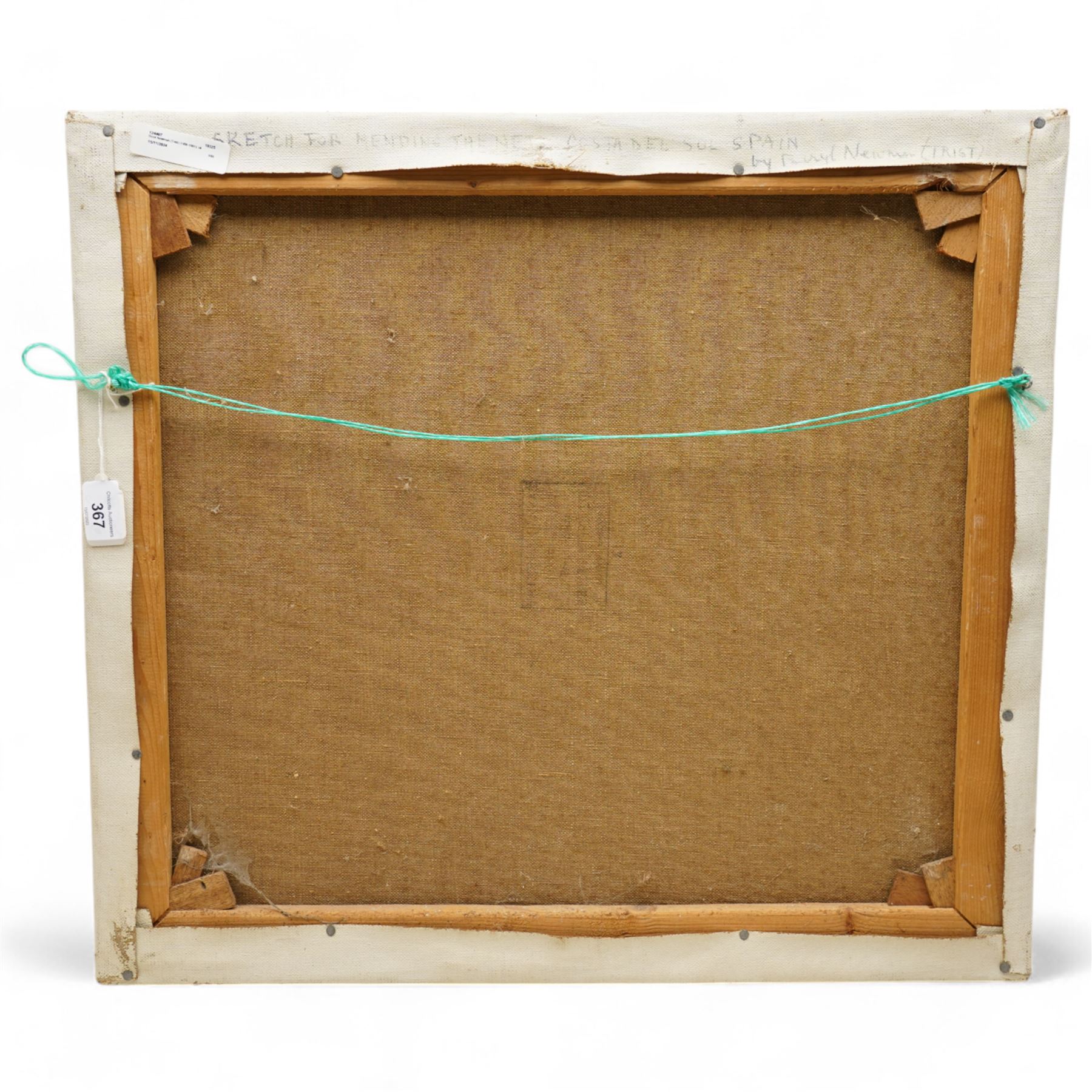 Beryl Newman (Trist) (1906-1991): 'Mending the Nets - Costa Del Sol Spain', oil on canvas signed, inscribed verso 51cm x 56cm (unframed)