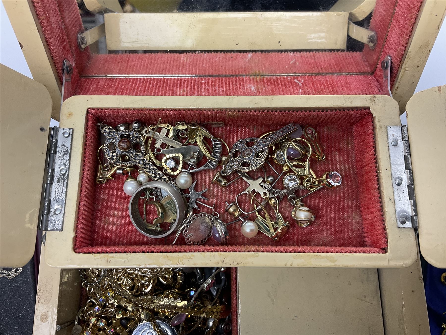 1930s silver fob, with rose gold vacant cartouche to centre, hallmarked William John Pellow, Chester 1933, together with a collection of costume jewellery including brooches, earrings and cufflinks, etc 