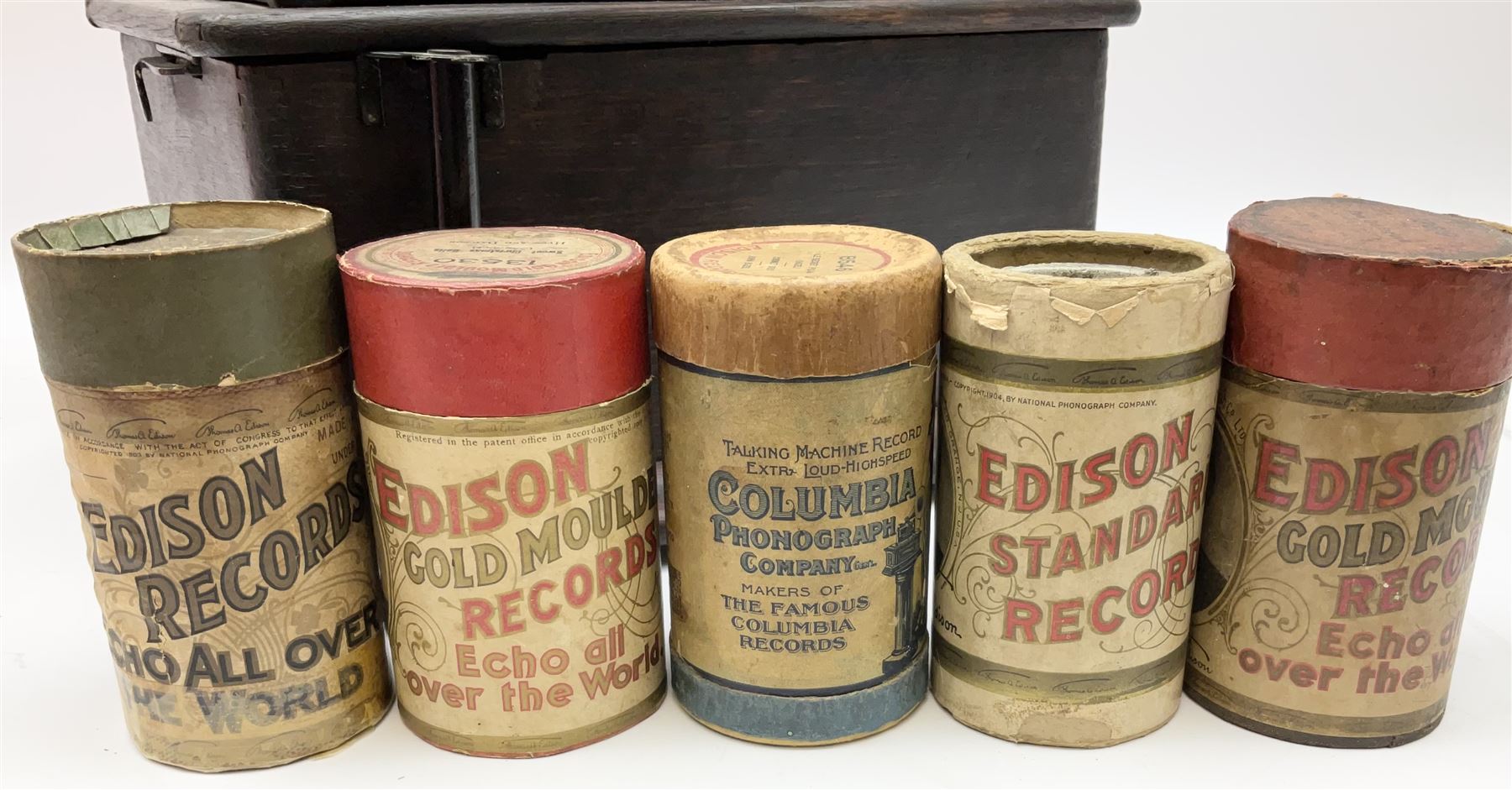 Edison Standard Phonograph with oak base (no cover), the reproducer marked 'Model C', serial no. 634857, last patent date Oct.1905, with black japanned conical horn L33cm; together with five cylinders