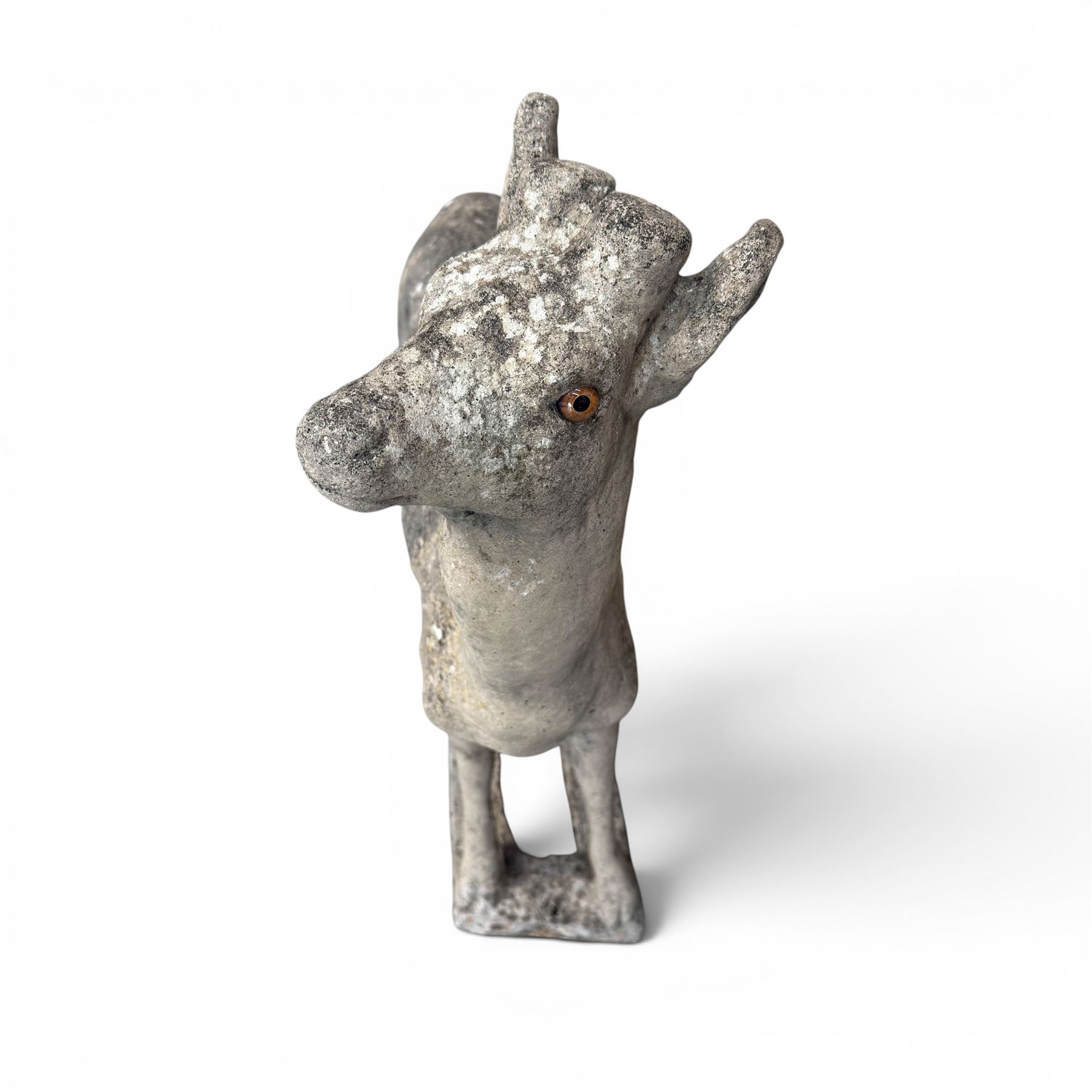 Pair of cast stone garden deer in a weathered finish with two loose antlers