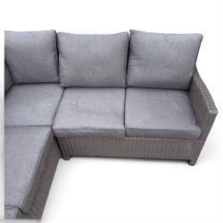 Kettler - Palma rattan garden lounge suite, comprising modular corner sofa (DIM) with slatted and rattan garden table on end supports (DIM), and three stools (DIM), with loose seat cushions