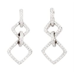 Pair of 18ct white gold round brilliant cut diamond square shaped pendant stud earrings, with diamond set bail, stamped 750, total diamond weight approx 1.10 carat